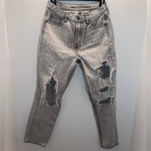 American Eagle Size 4 Distressed Gray Striped Mom Jean